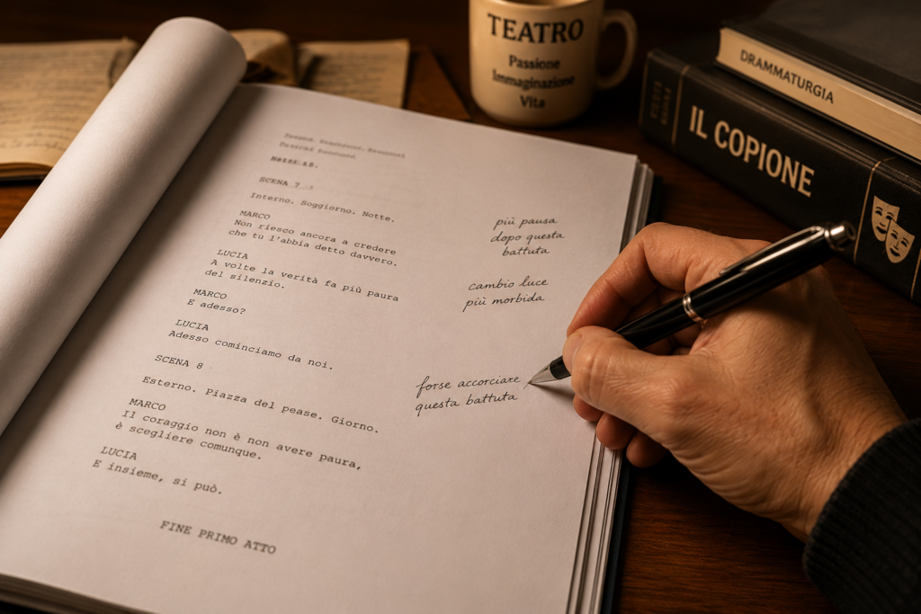 copioni teatrali su commissione con mano che scrive su un copione