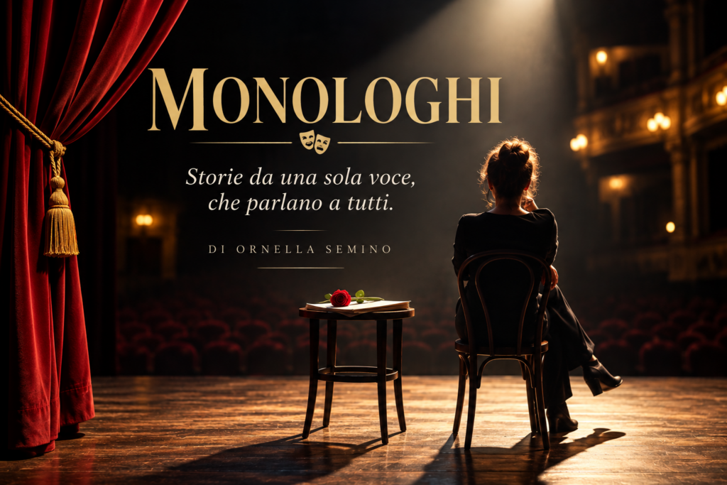 Donna seduta su un palcoscenico teatrale illuminato da un riflettore accanto a un tavolino con copione e rosa, per la sezione Monologhi teatrali originali di Ornella Semino.