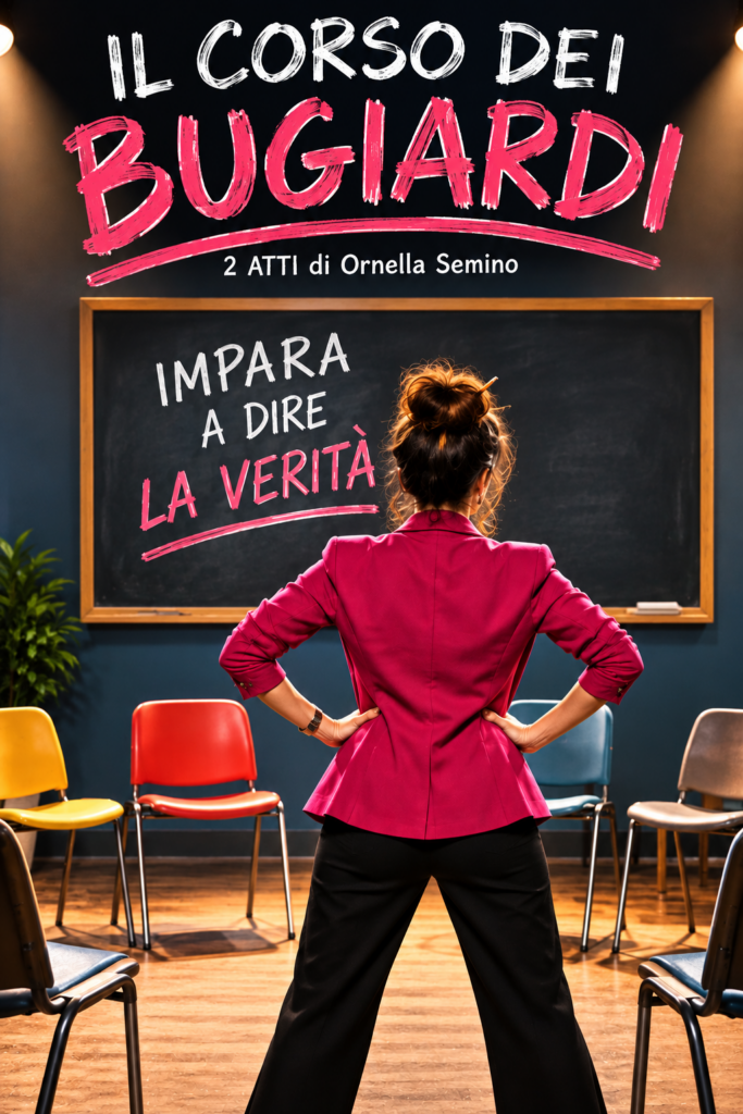 Locandina della commedia teatrale agrodolce Il Corso dei bugiardi, con una donna davanti a una lavagna e alle sedie preparate per il corso