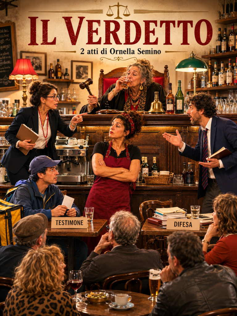 Locandina della commedia teatrale agrodolce e psicologica IL VERDETTO, ambientata in un bar trasformato in un tribunale, dove i personaggi sono impegnati in un insolito processo.