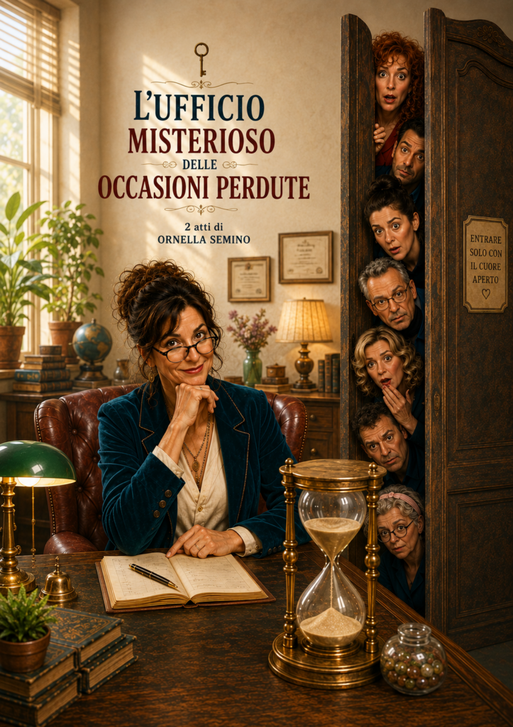 locandina della commedia teatrale brillante l?Ufficio misterioso delle occasioni perdute. Donna seduta in ufficio mentre diverse persone sbirciano da una porta socchiusa